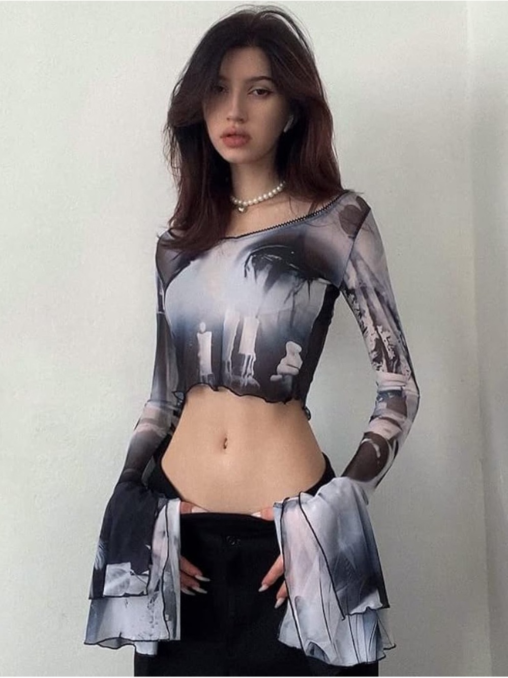 Sheer Black & White Printed Crop Top with Flared Sleeves